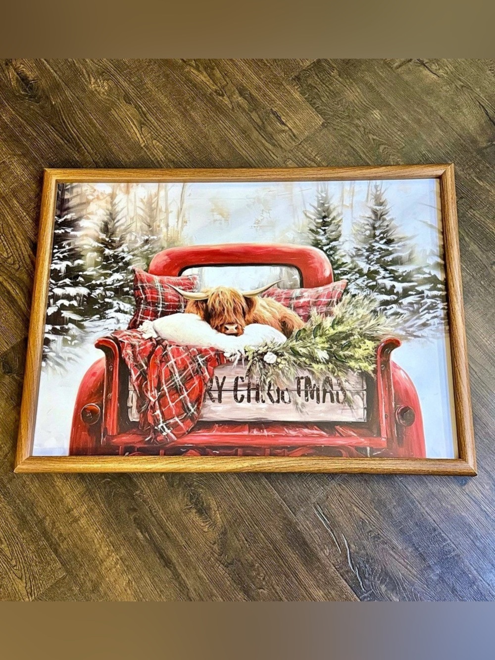 Holiday Red Truck highland cow large Framed Print